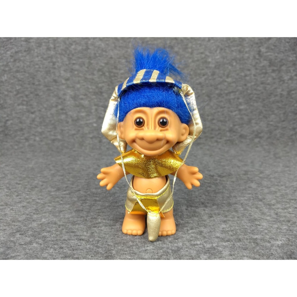 Russ Troll‎ Doll Egyptian King Tut Pharaoh 5"H Blue Hair Gold Outfit Brown Eyes